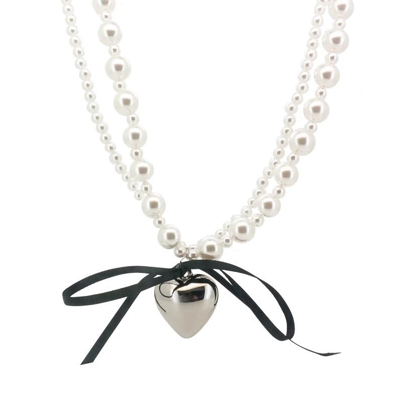 Dark Heart Ribbon Bow Necklace
