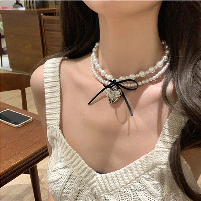 Dark Heart Ribbon Bow Necklace