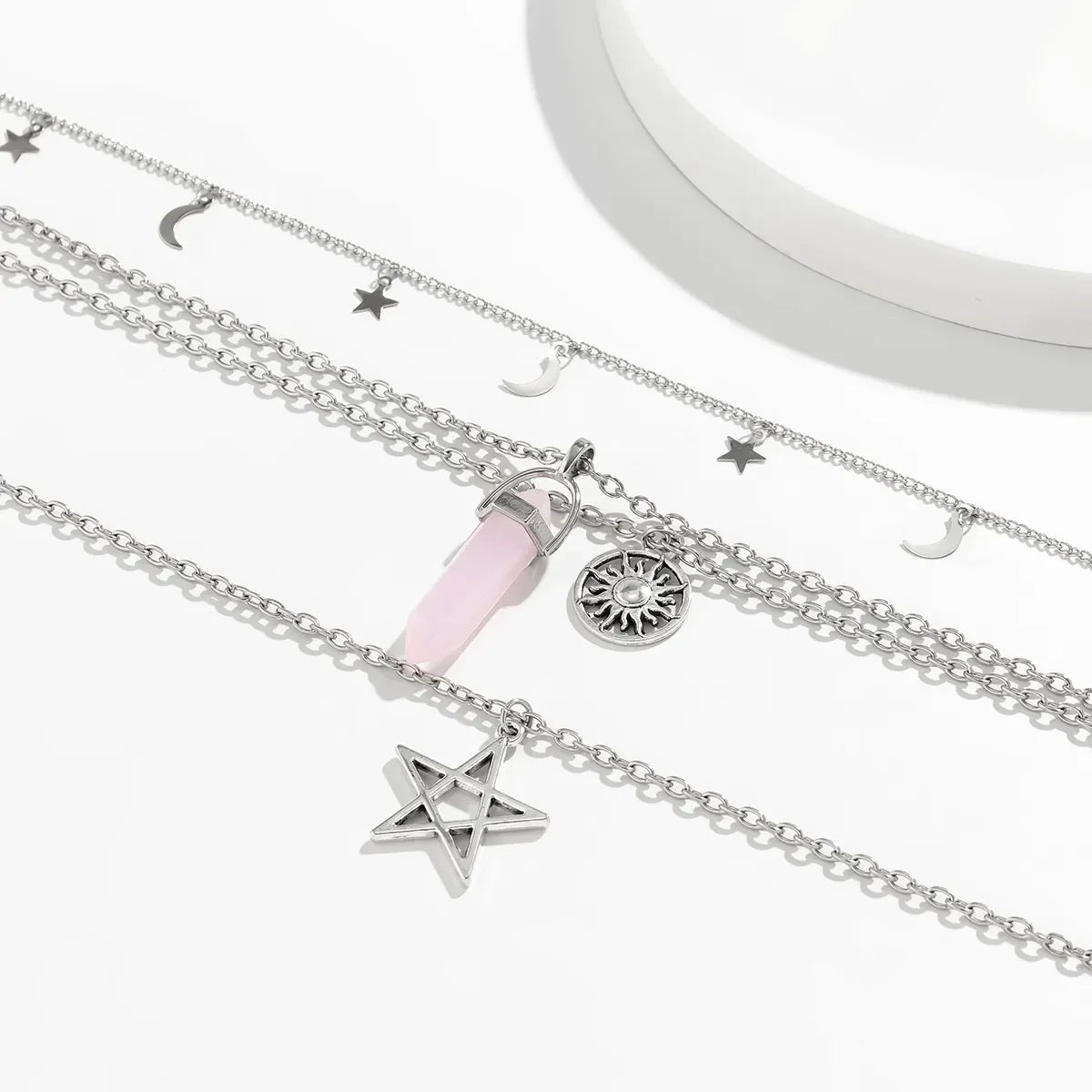 Rose Quartz Star Sun Moon Layer Necklace