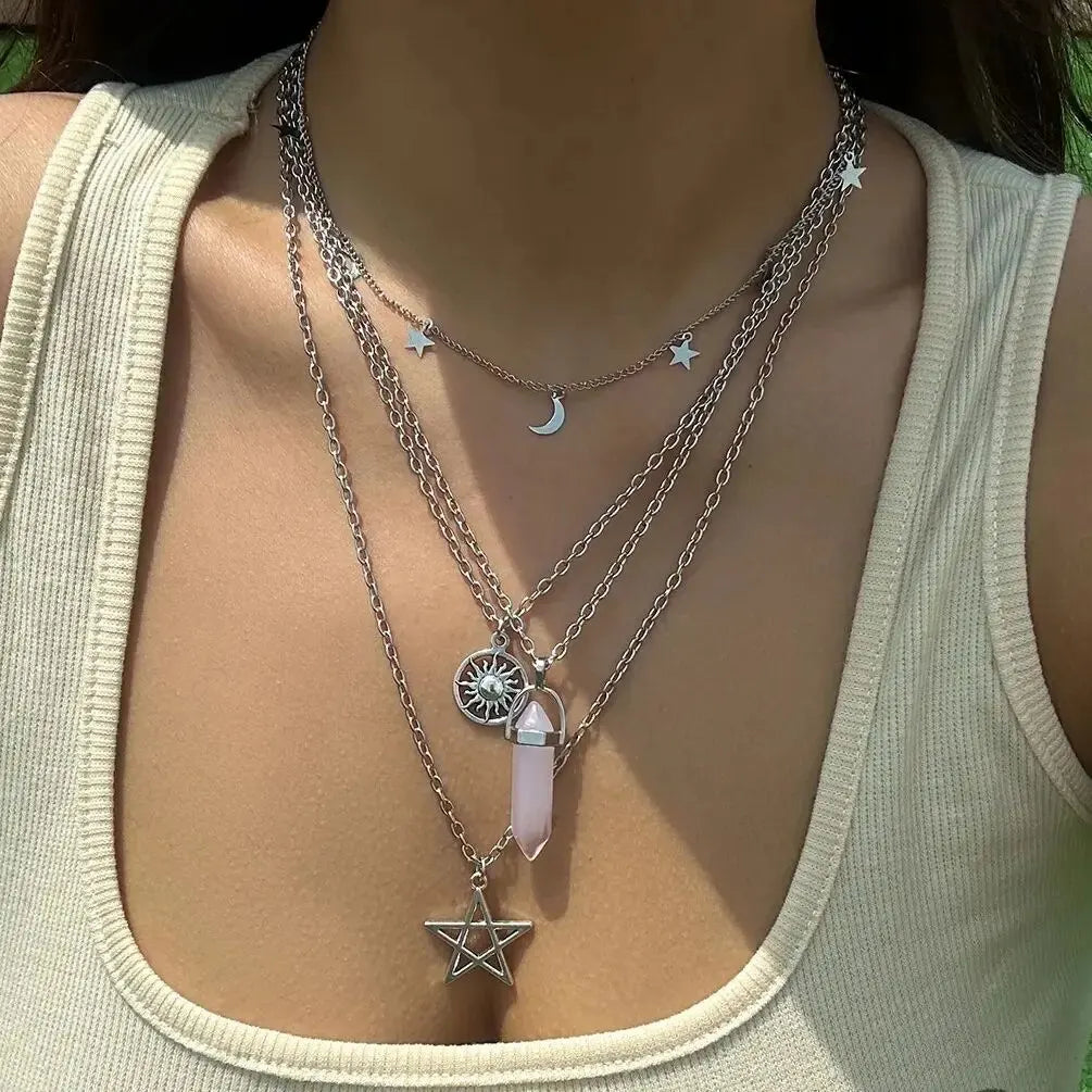 Rose Quartz Star Sun Moon Layer Necklace