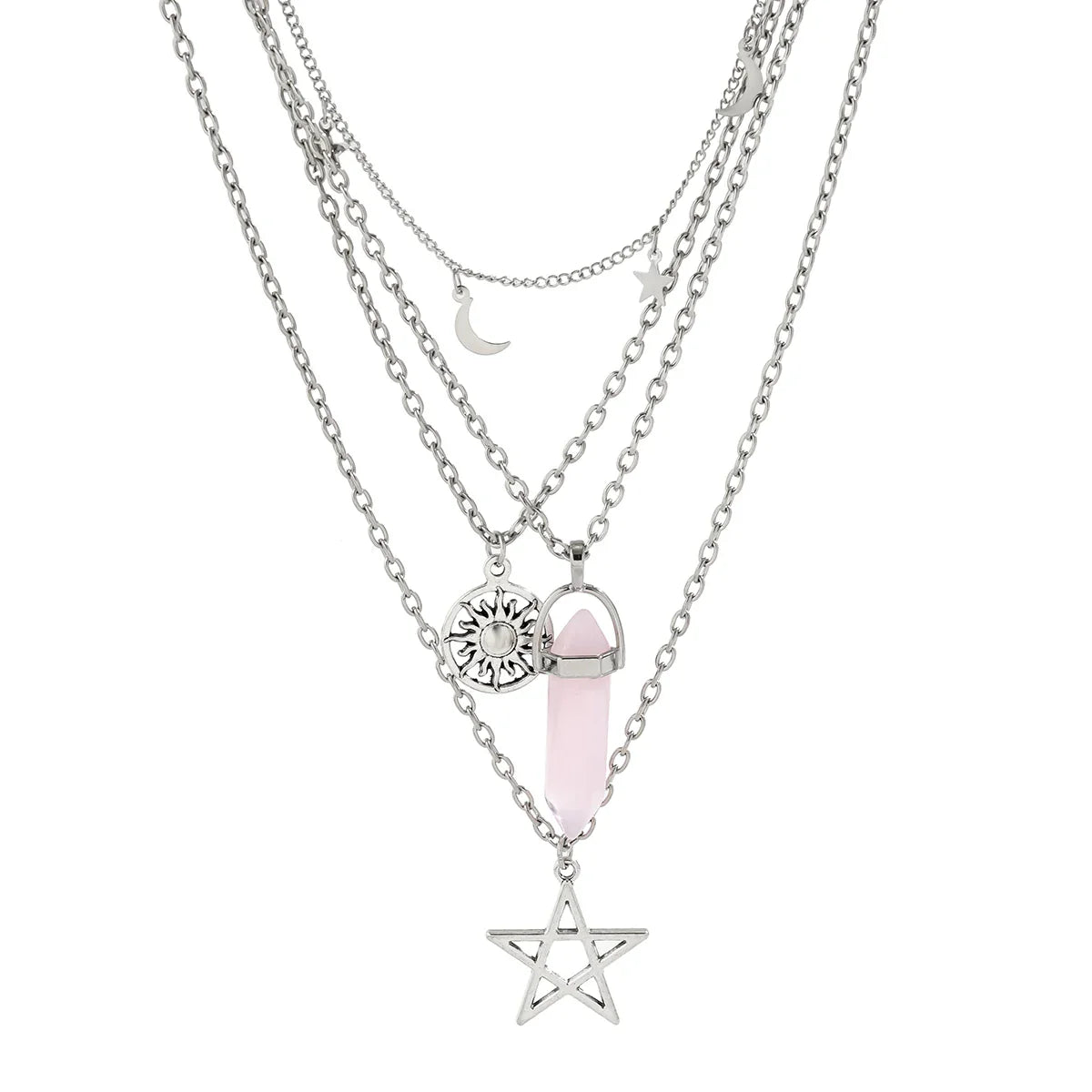 Rose Quartz Star Sun Moon Layer Necklace