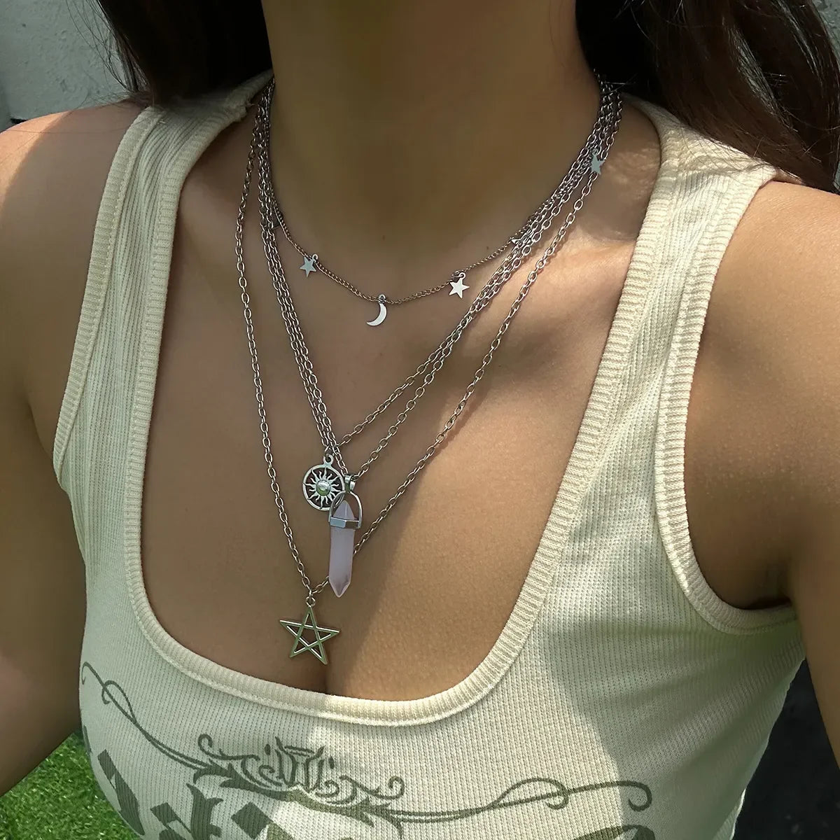 Rose Quartz Star Sun Moon Layer Necklace