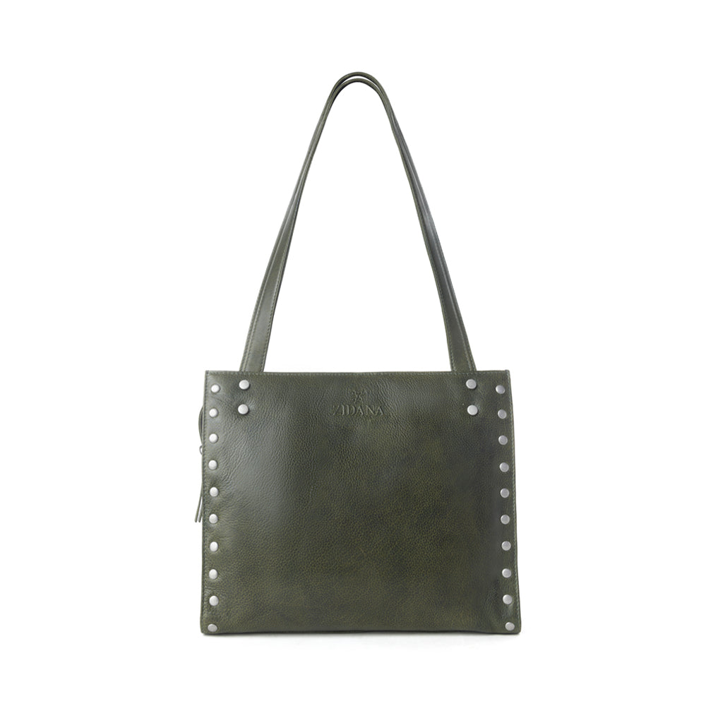 Zidana Aria Studded Leather Tote in Dark Fern