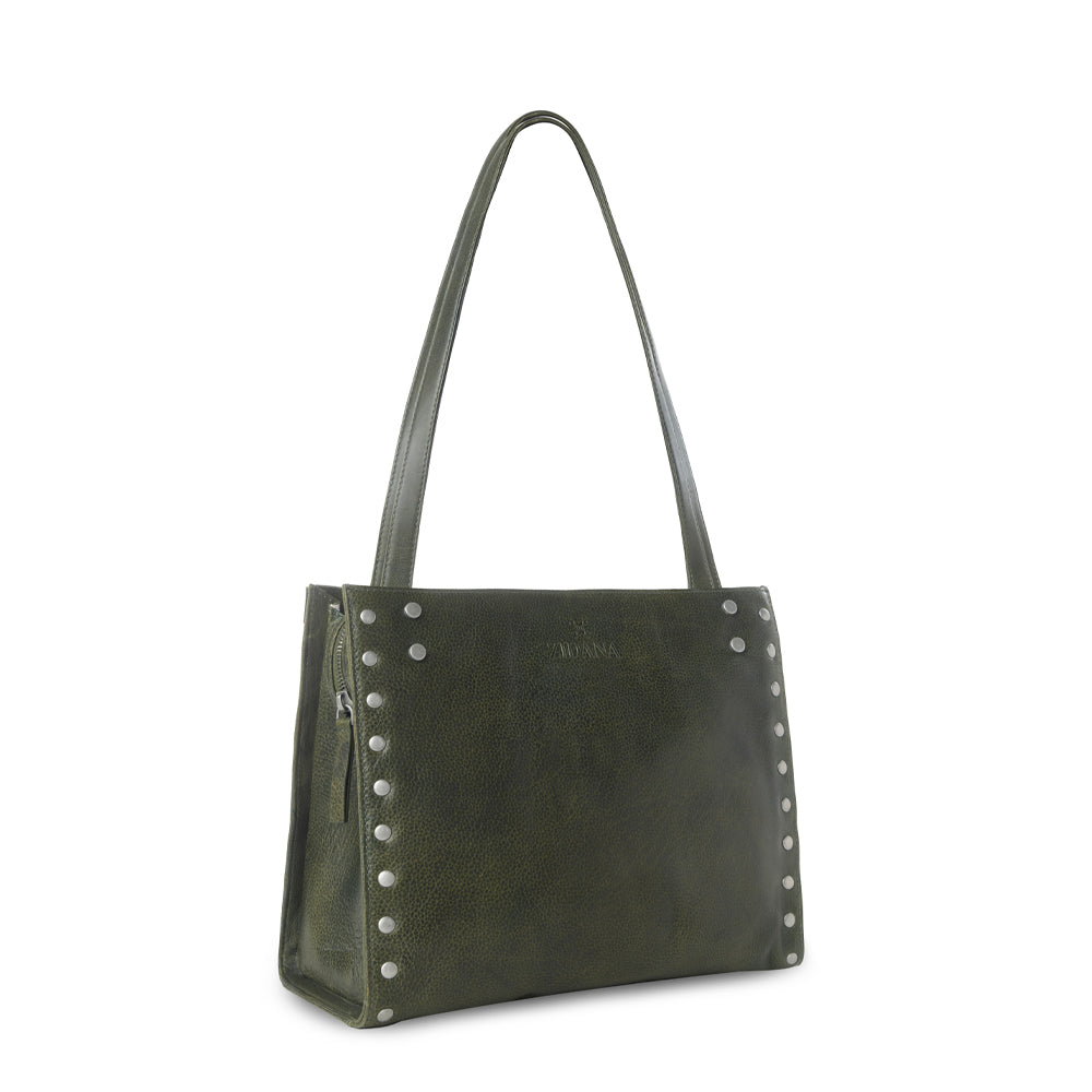 Zidana Aria Studded Leather Tote in Dark Fern