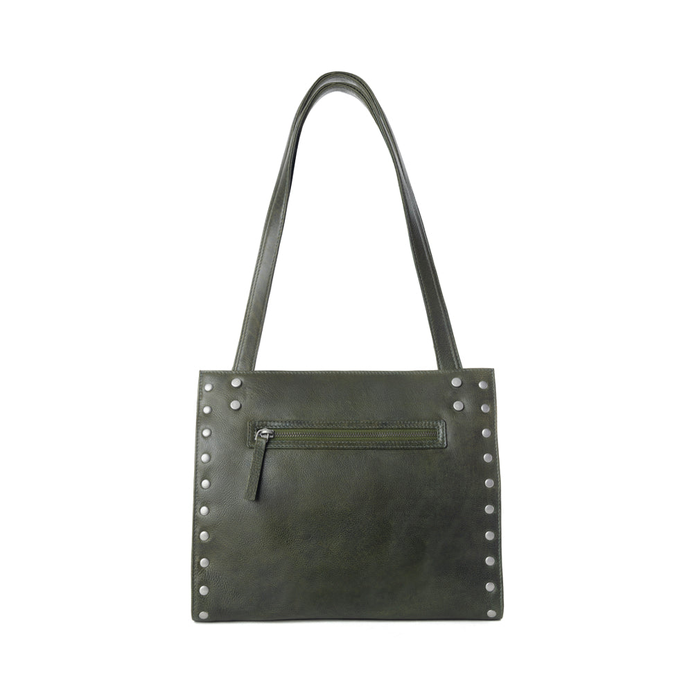 Zidana Aria Studded Leather Tote in Dark Fern