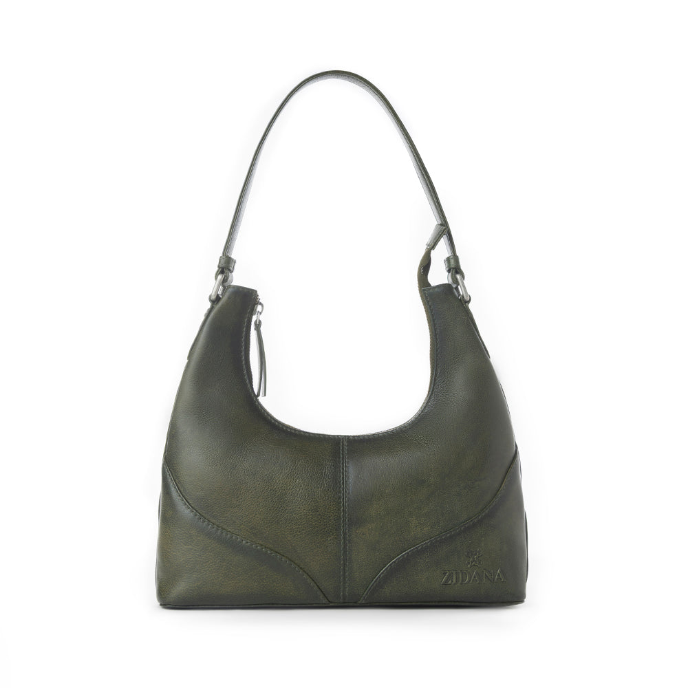 Zidana Winchester Loop Leather Shoulder Bag in Midnight Olive
