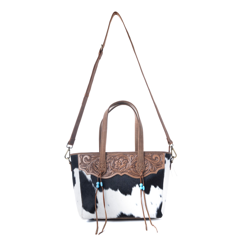 Saddle Crestfall Hand-Tooled Tote in Cowhide Frost