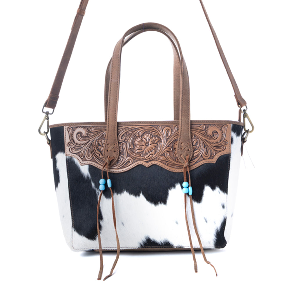 Saddle Crestfall Hand-Tooled Tote in Cowhide Frost