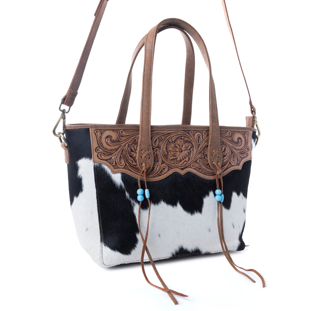 Saddle Crestfall Hand-Tooled Tote in Cowhide Frost