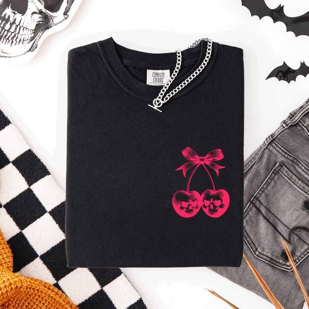 Skull Cherries Coquette Graphic Tee — Dark Feminine Comfort Colors