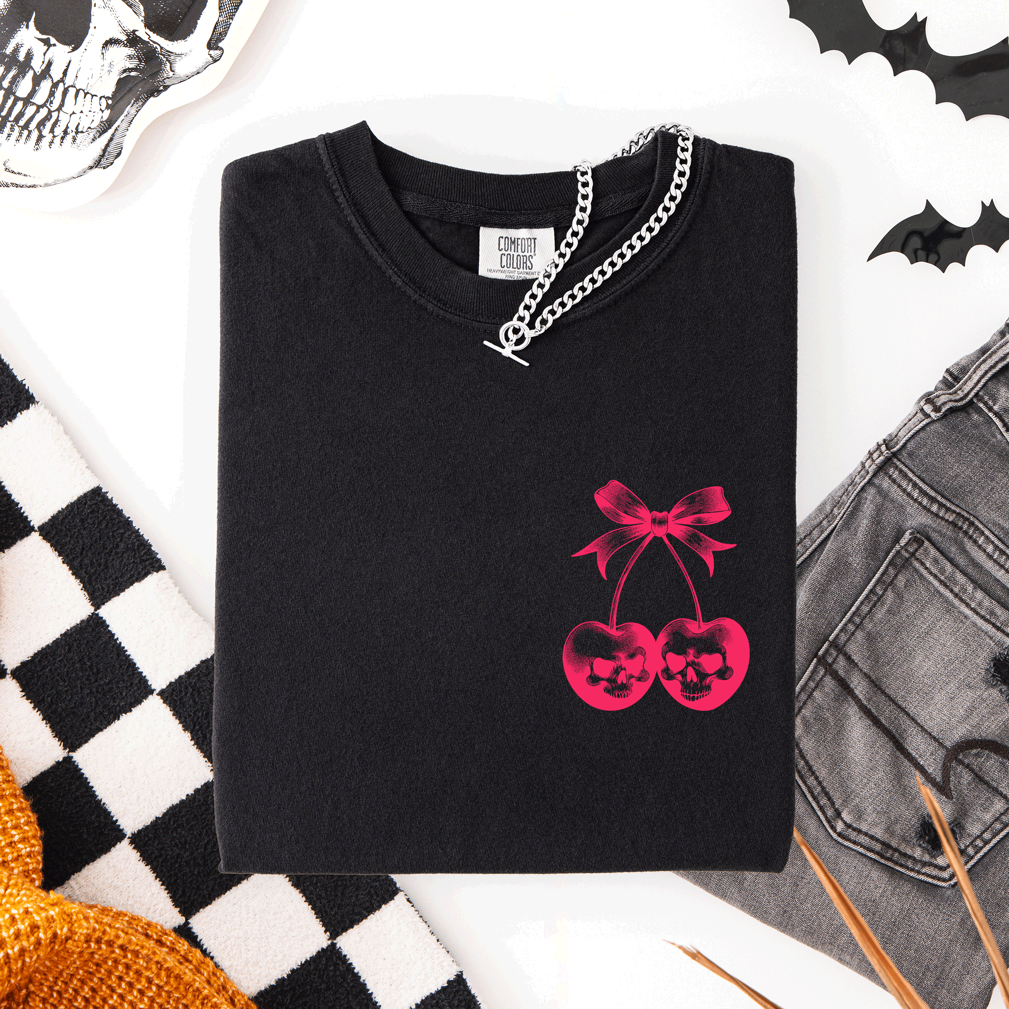 Skull Cherries Coquette Graphic Tee — Dark Feminine Comfort Colors