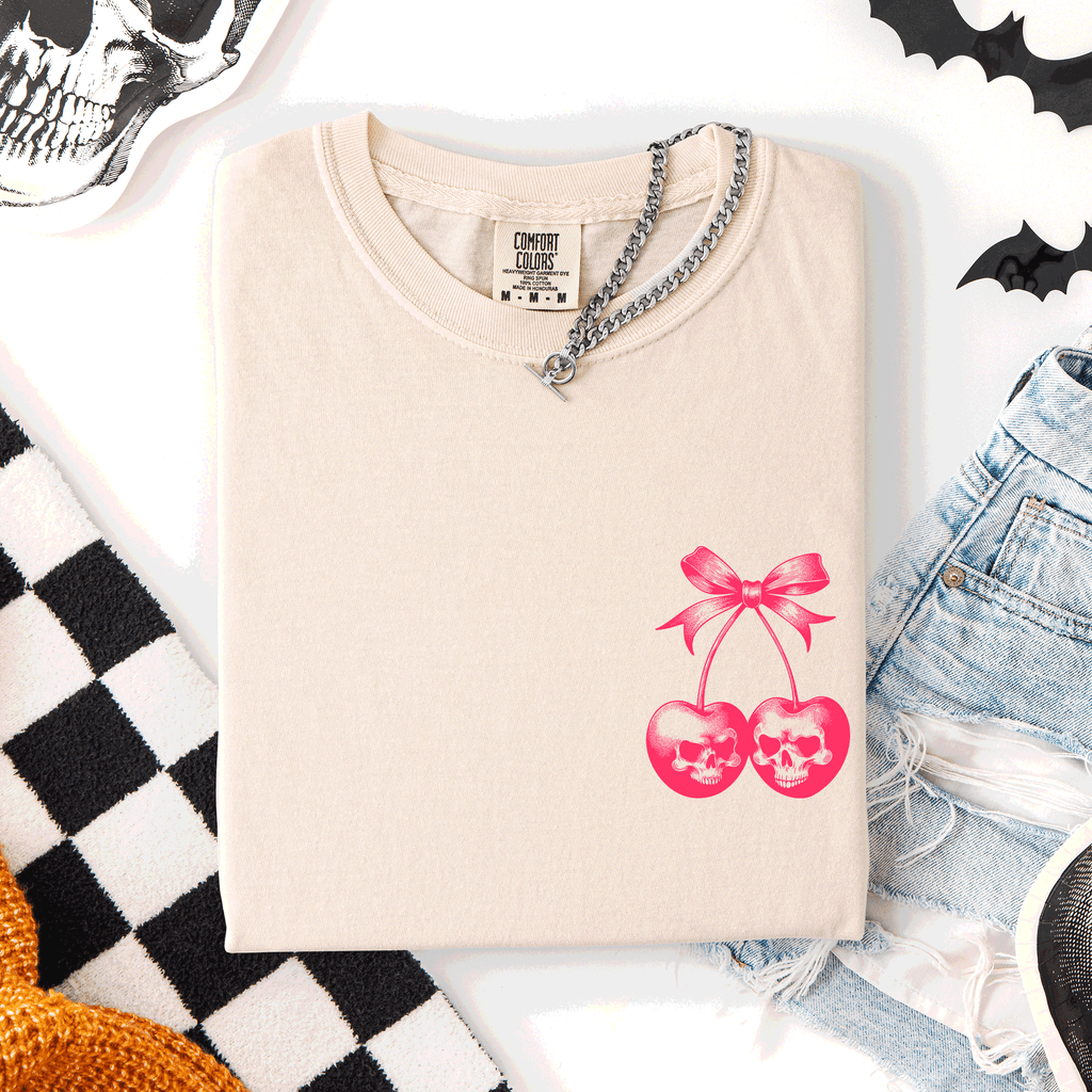 Skull Cherries Coquette Graphic Tee — Dark Feminine Comfort Colors