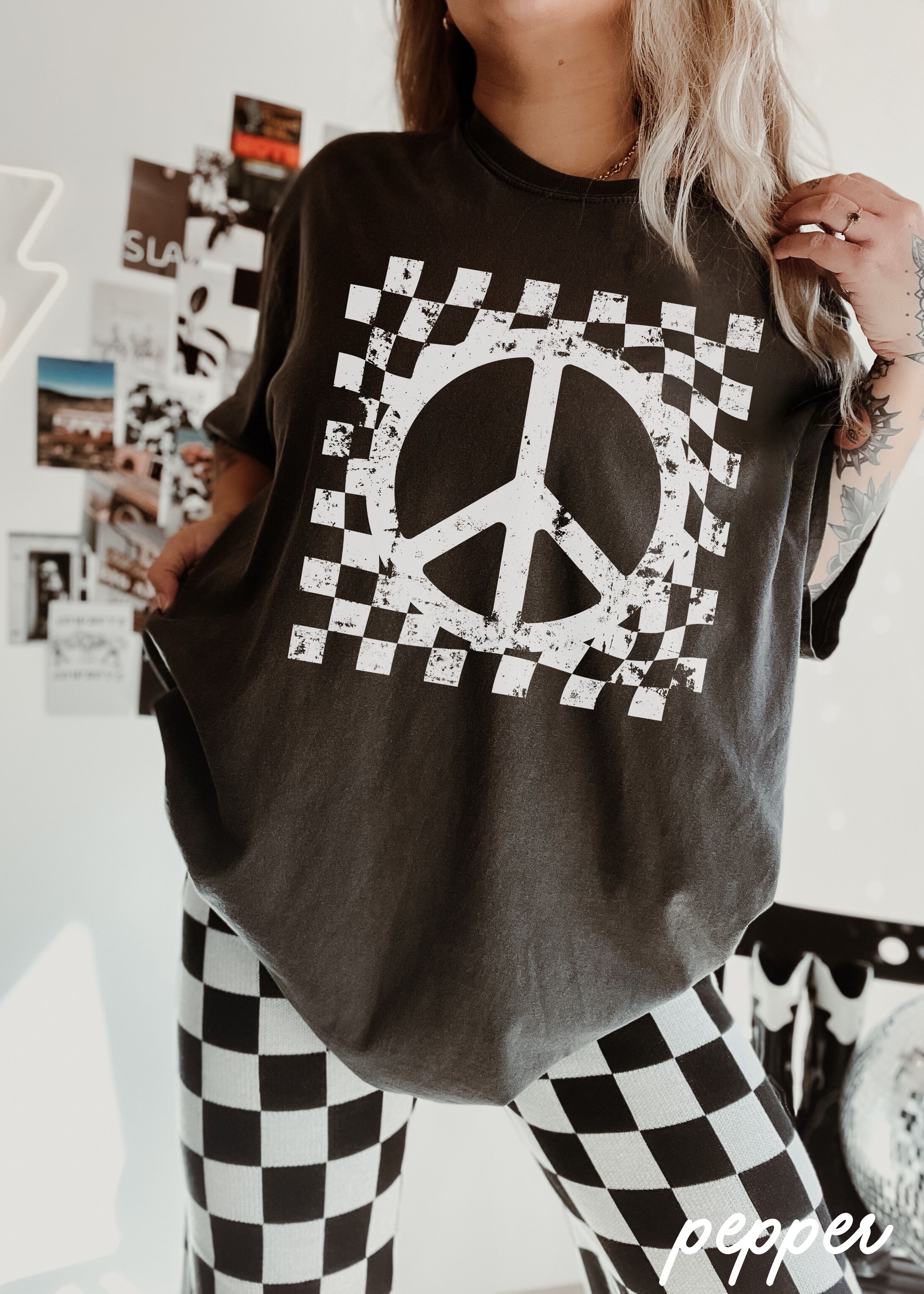 Checkered Peace Sign Tee