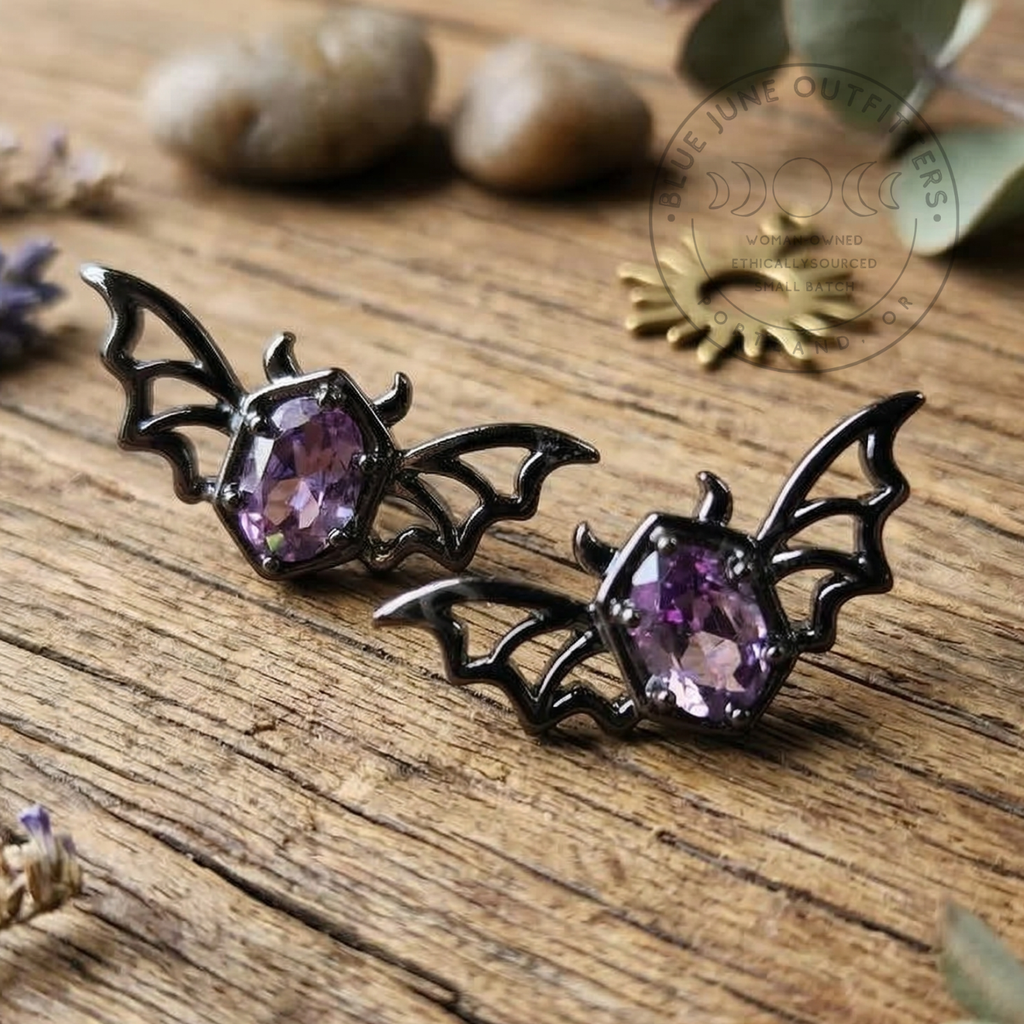 Purple Zircon Bat Stud Earrings