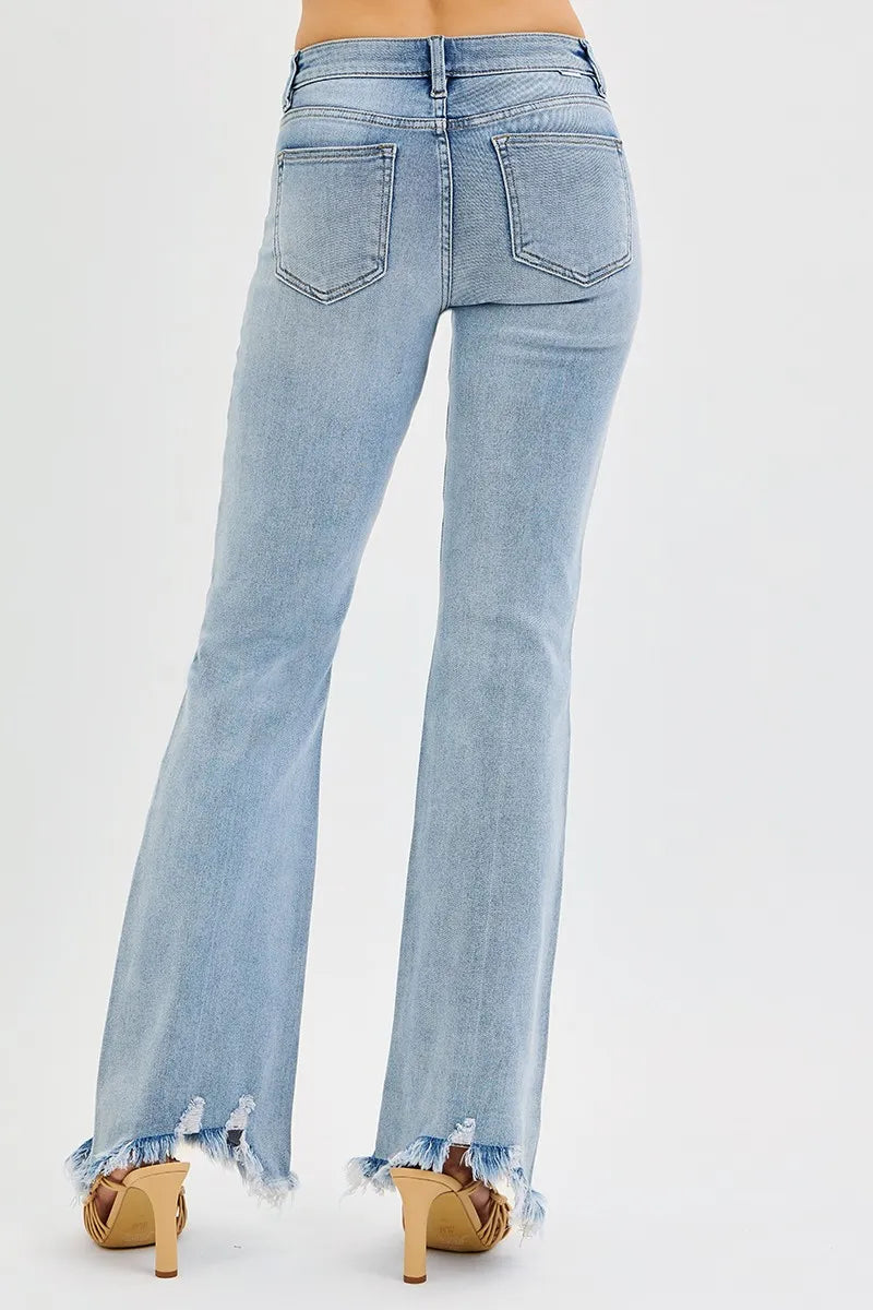 RISEN Tummy Control Mid Rise Flare Jeans with Fray Hem