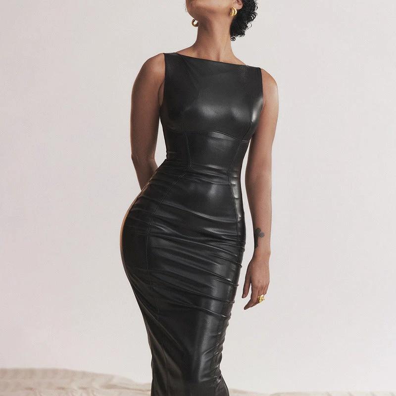 PU Leather Asymmetric Split Long Dress
