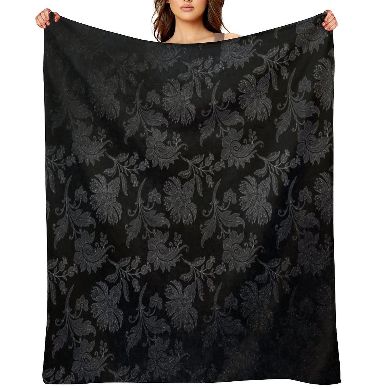 Black & Silver Vintage Damask Throw Blanket
