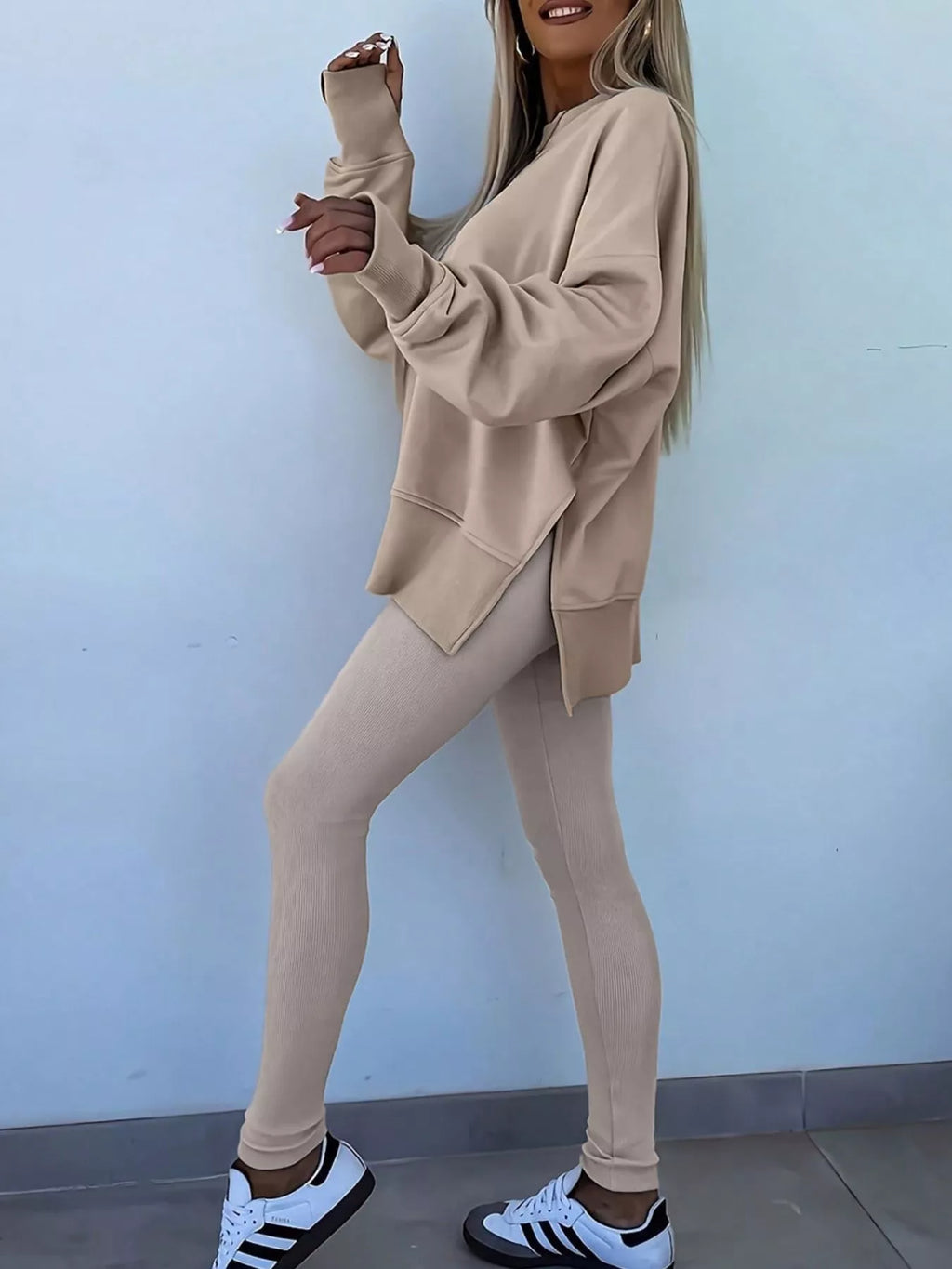 Oversized Slit Sweatshirt & Ribbed Leggings Set