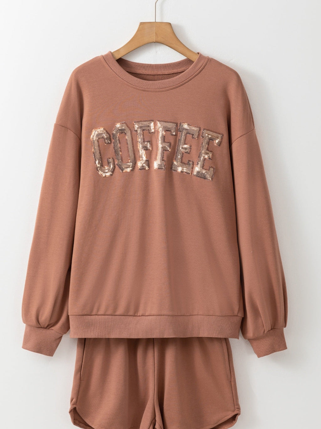 COFFEE Sequin Letter Sweatshirt & Shorts Set