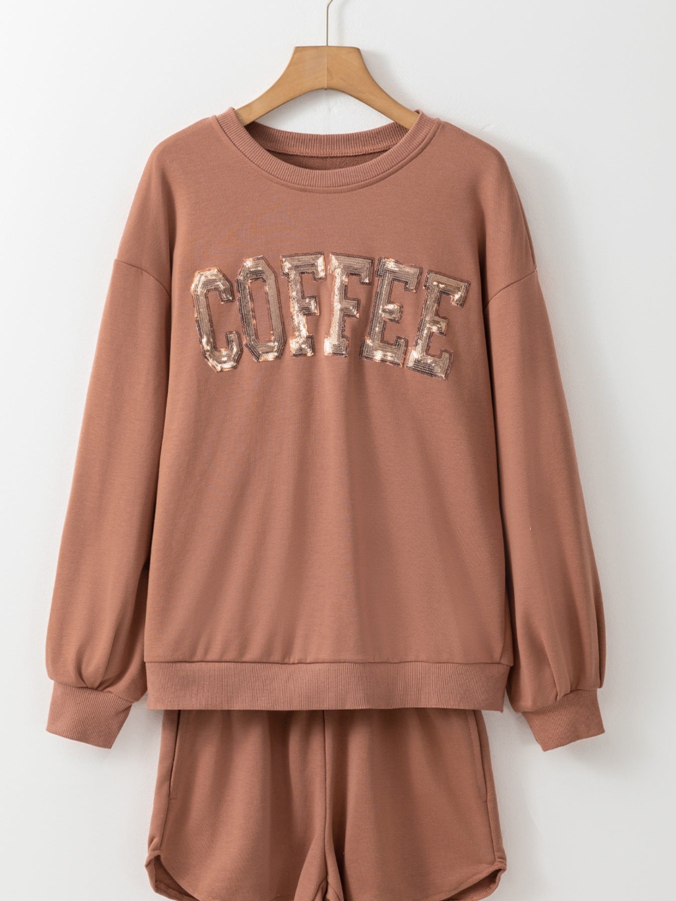 COFFEE Sequin Letter Sweatshirt & Shorts Set