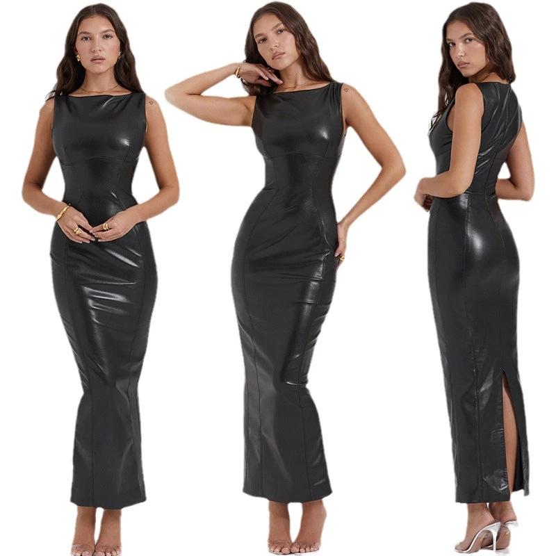 PU Leather Asymmetric Split Long Dress
