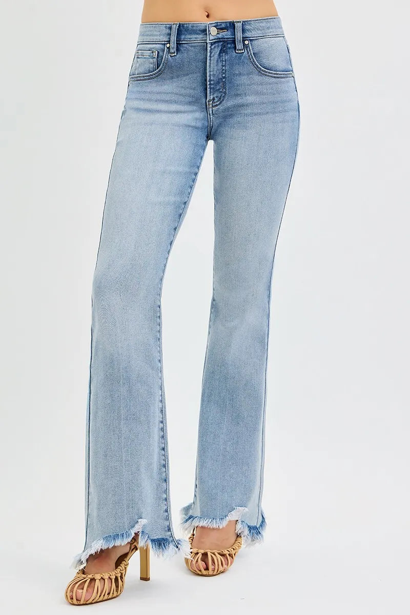 RISEN Tummy Control Mid Rise Flare Jeans with Fray Hem
