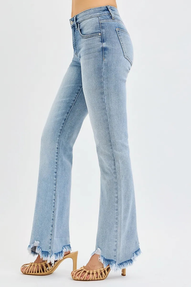 RISEN Tummy Control Mid Rise Flare Jeans with Fray Hem