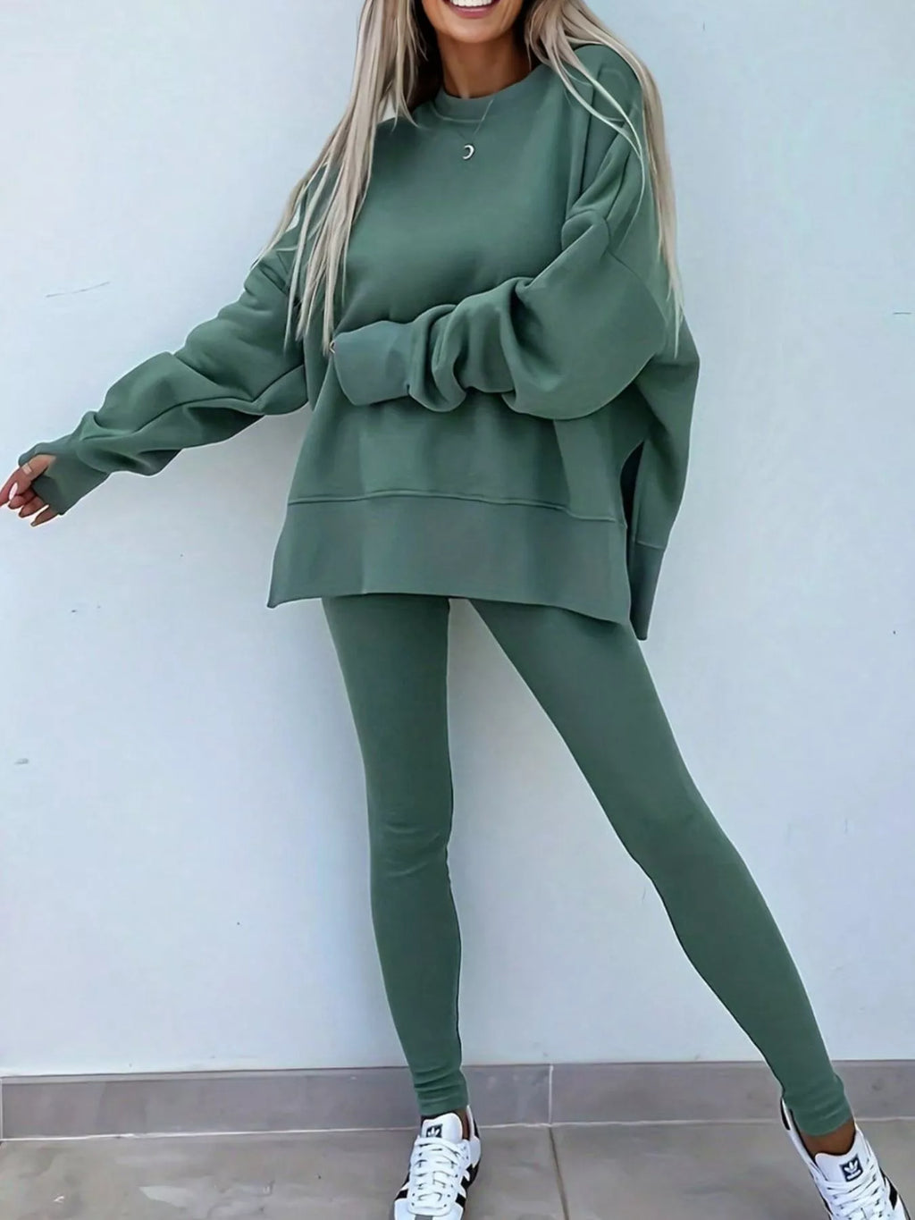 Oversized Slit Sweatshirt & Ribbed Leggings Set