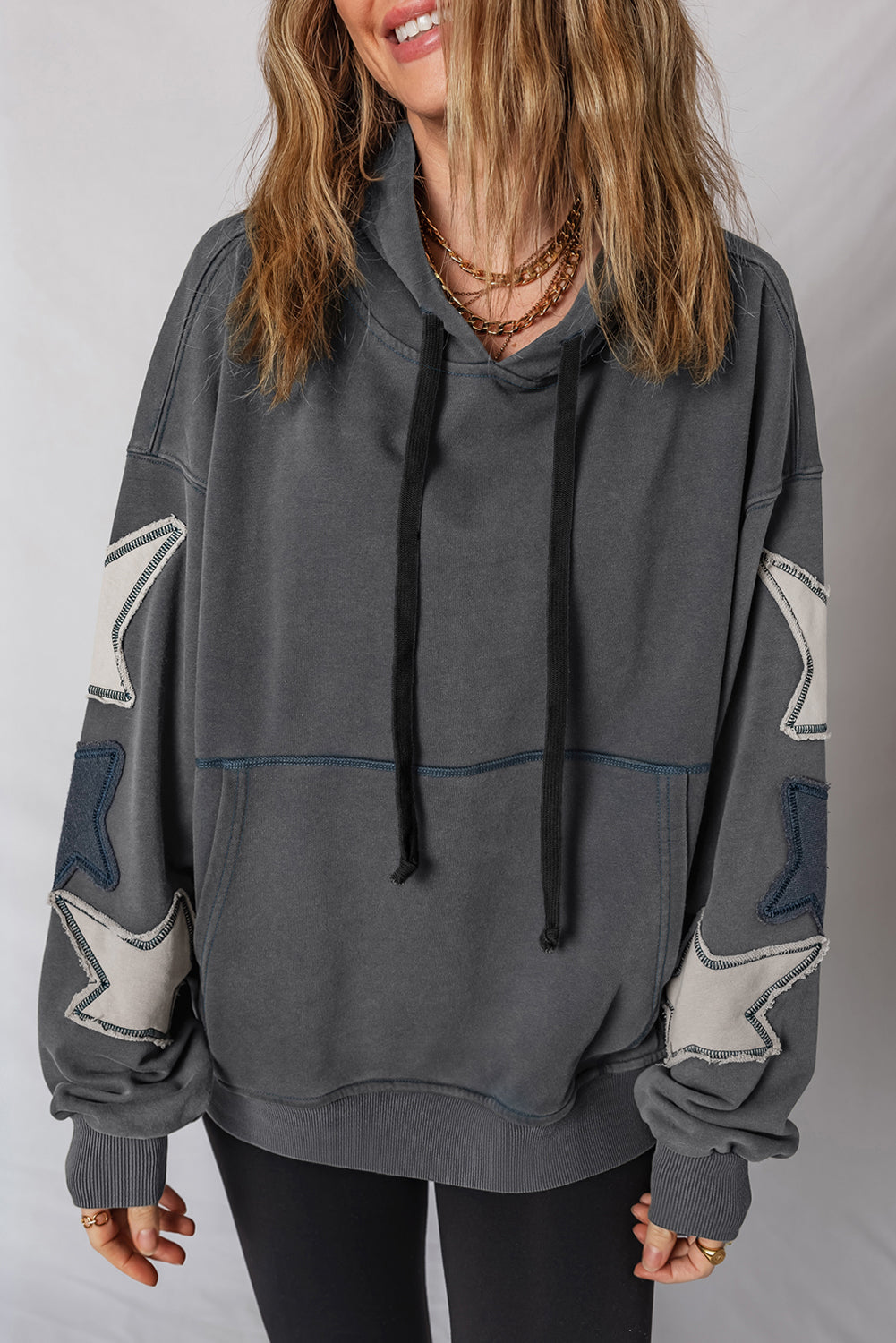 Star Patchwork Mineral Wash Kangaroo Pocket Hoodie