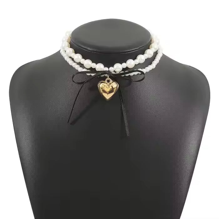Dark Heart Ribbon Bow Necklace