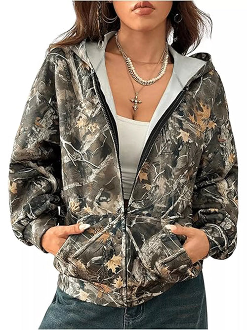 Camo Print Zip-Up Hoodie
