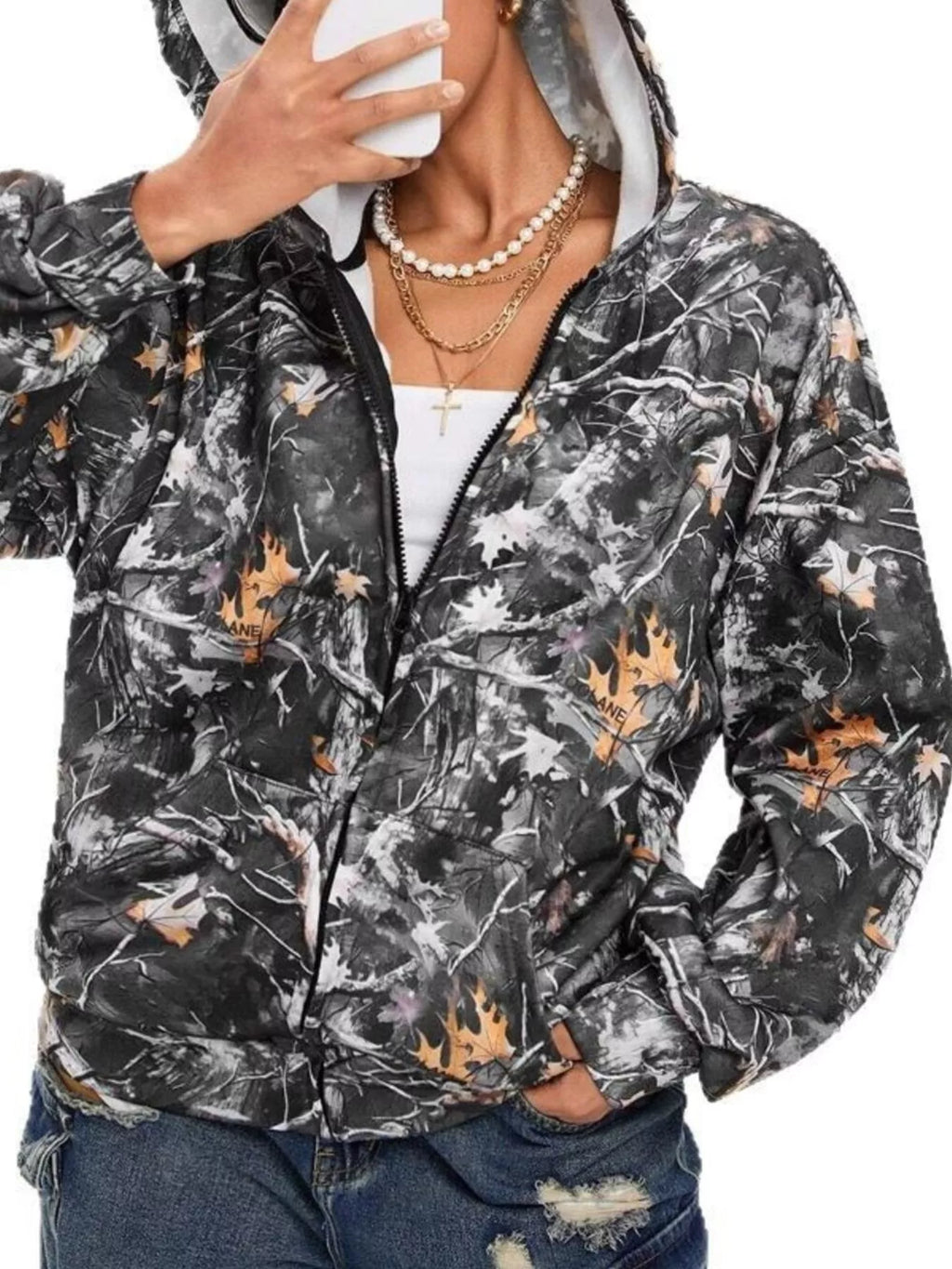 Camo Print Zip-Up Hoodie