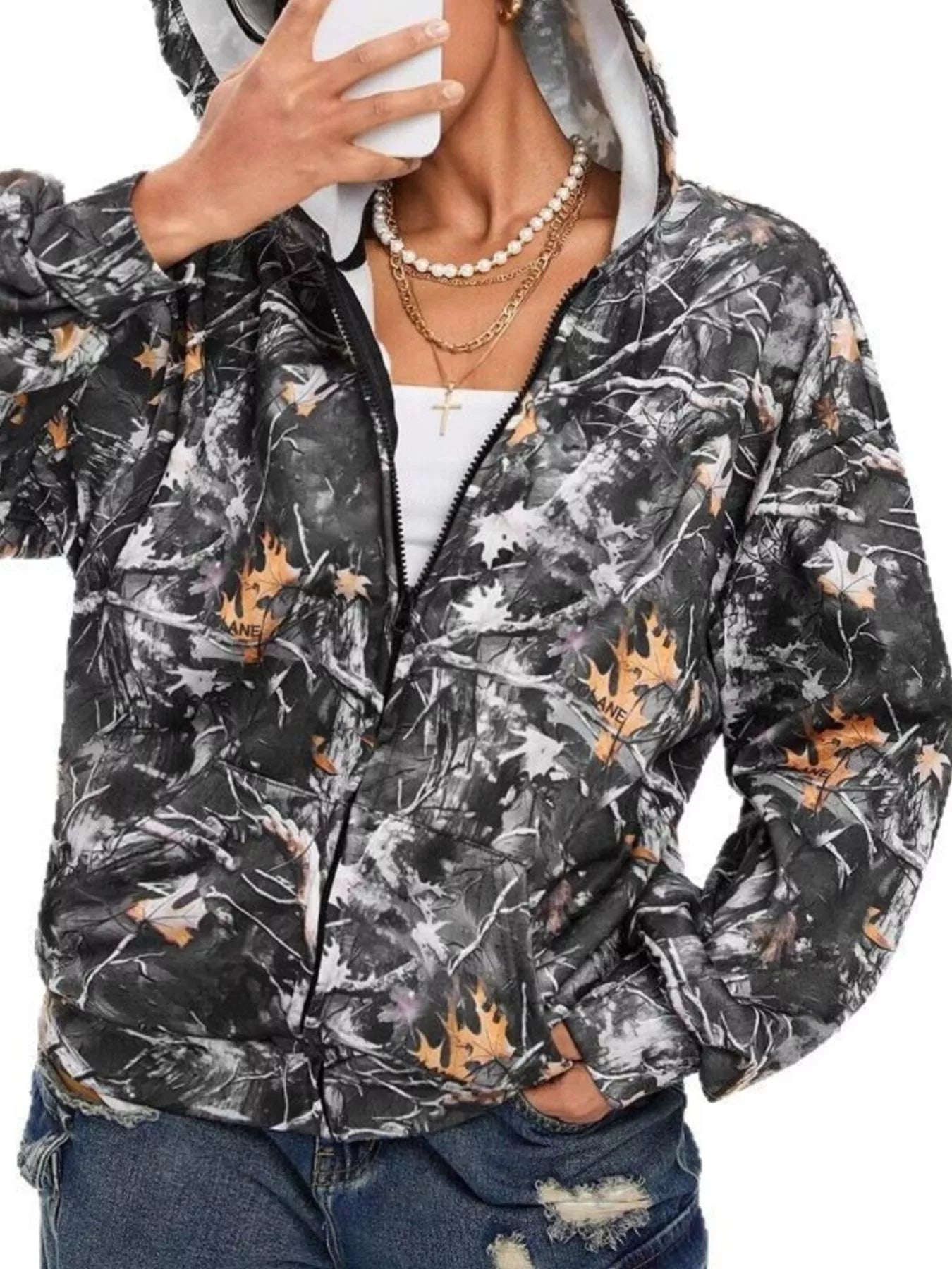 Camo Print Zip-Up Hoodie