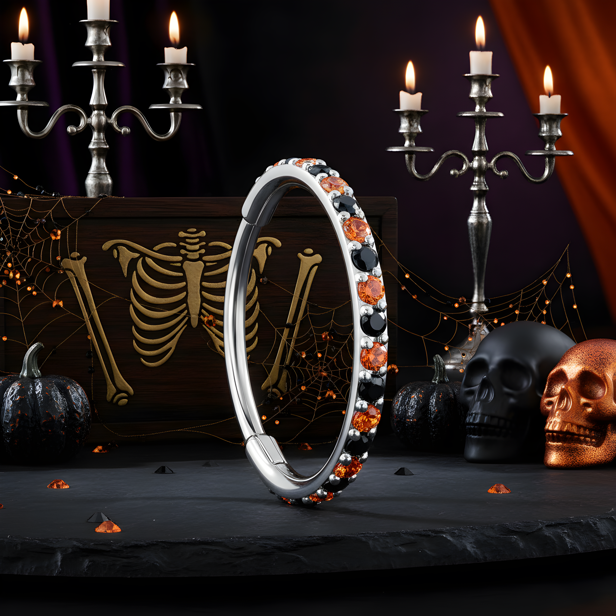 Black & Orange CZ Titanium Hinged Nose Hoop