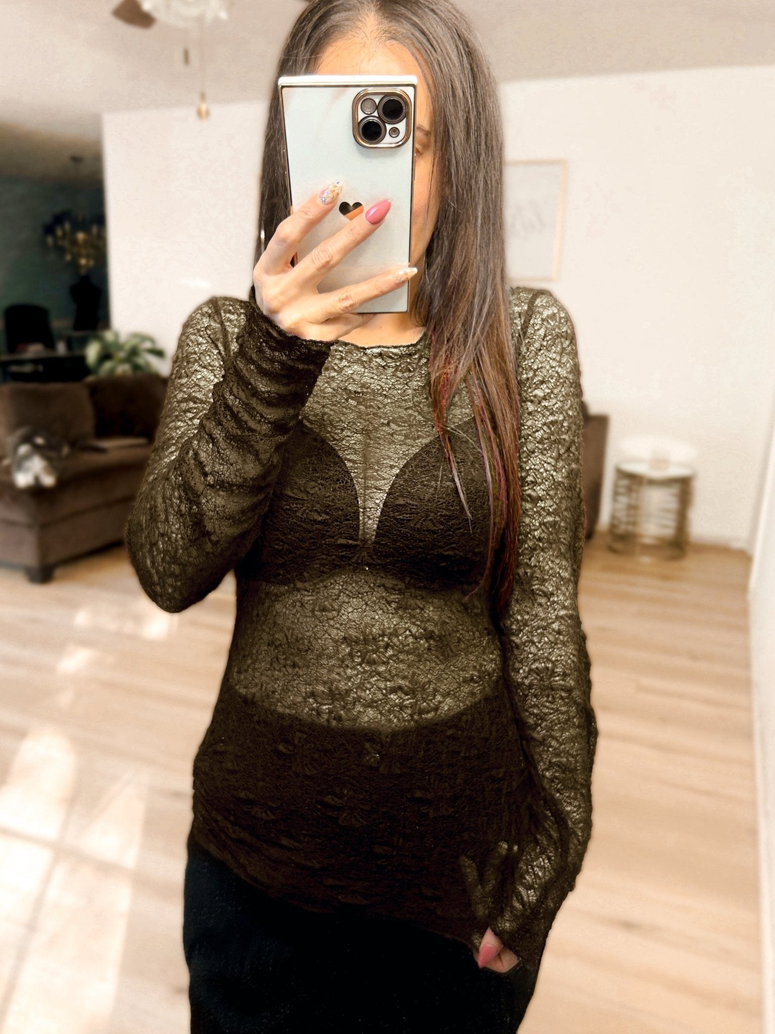 Luxe Lace and Floral Textured Long Sleeve Sheer Top