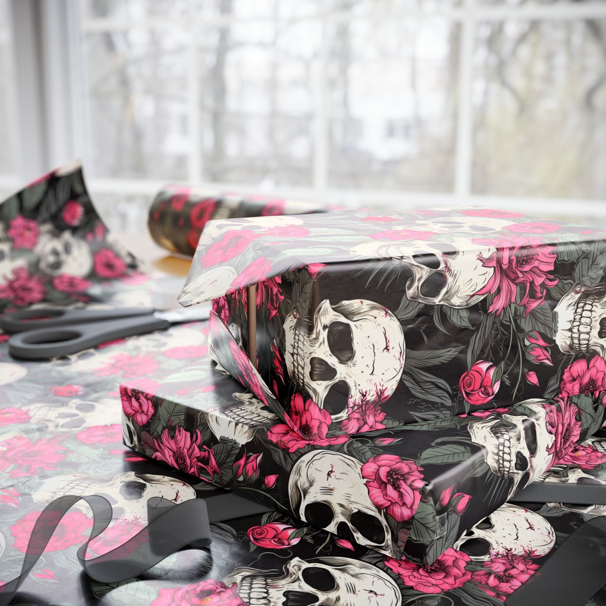 Skull & Pink Floral Gift Wrap